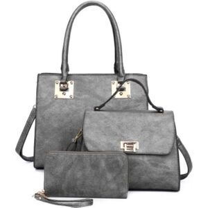 Pewter Women Fashion Handbags Wallet Tote Bag Top Handle Satchel Purse Set 3pcs